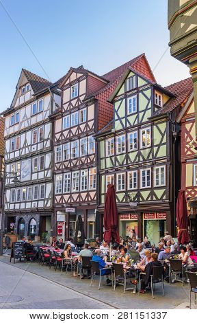 Hann. Munden, Germany - May 07, 2018: People Enjoying A Drink At A Cafe In Hann. Munden, Germany