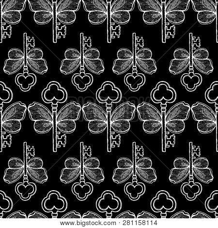 Seamless Pattern Key Magic Illustration. Mystical Symbol.beautiful T-shirt Design Boho Style.vintage