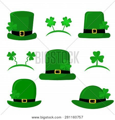 St.patrick S Day. Set Of Eight Different Green Caps Leprechauns And Headbands With Clover. Cartoon S
