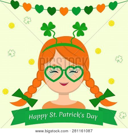 St.patrick S Day. Girl Dressed As A Gnome, With A Clover Rim, Green Glasses In The Shape Of A Heart 