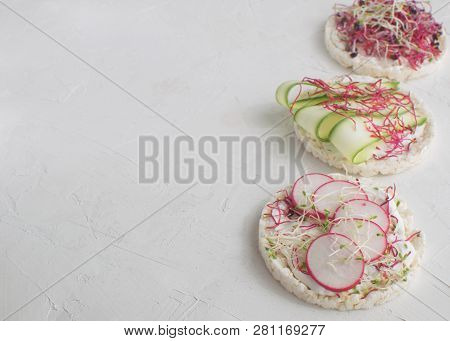Healthy Snack Concept Rice Bread Crispy Bred Radish Slices Sprouts Marrow Slices Cottage Cheese High