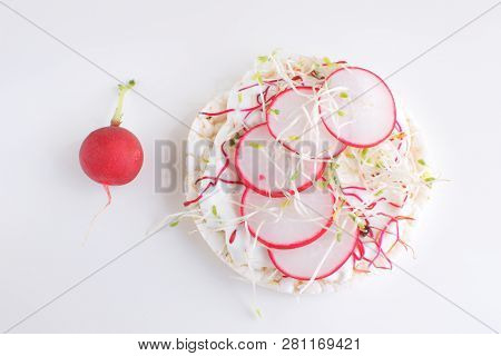 Healthy Snack Concept Rice Bread Crispy Bred Radish Slices Sprouts Marrow Slices Cottage Cheese High