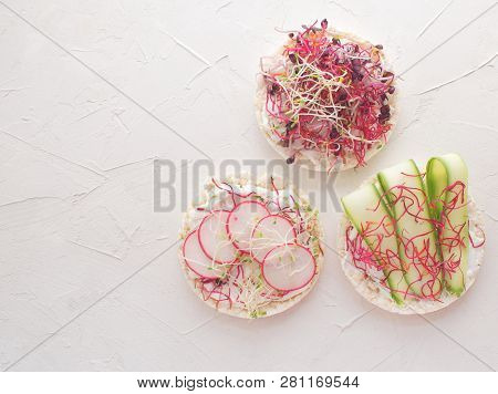 Healthy Snack Concept Rice Bread Crispy Bred Radish Slices Sprouts Marrow Slices Cottage Cheese High
