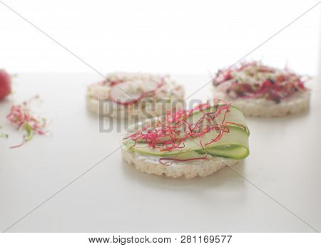 Healthy Snack Concept Rice Bread Crispy Bred Radish Slices Sprouts Marrow Slices Cottage Cheese High