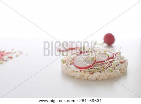 Healthy Snack Concept Rice Bread Crispy Bred Radish Slices Sprouts Marrow Slices Cottage Cheese High