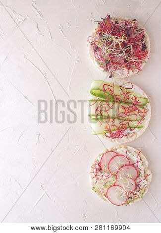 Healthy Snack Concept Rice Bread Crispy Bred Radish Slices Sprouts Marrow Slices Cottage Cheese High