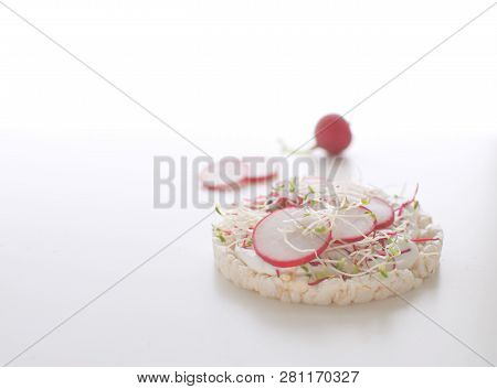 Healthy Snack Concept Rice Bread Crispy Bred Radish Slices Sprouts Marrow Slices Cottage Cheese High