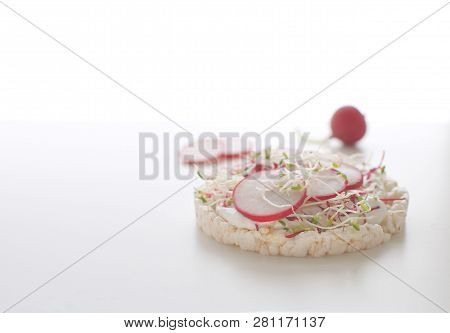 Healthy Snack Concept Rice Bread Crispy Bred Radish Slices Sprouts Marrow Slices Cottage Cheese High