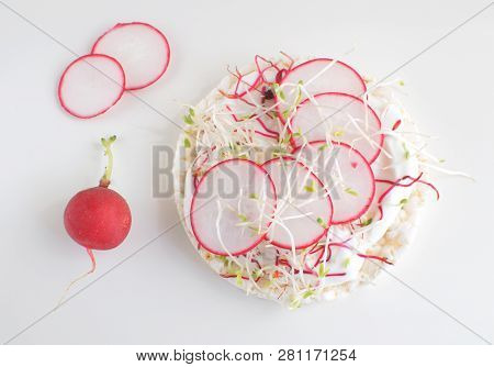 Healthy Snack Concept Rice Bread Crispy Bred Radish Slices Sprouts Marrow Slices Cottage Cheese High