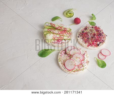 Healthy Snack Concept Rice Bread Crispy Bred Radish Slices Sprouts Marrow Slices Cottage Cheese High