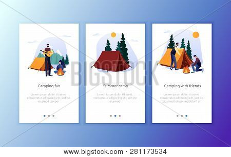 Camp Hiking Lifestyle Concept For Website Or Web Page, Onboard Screen Set. Nature Forest Camping At 