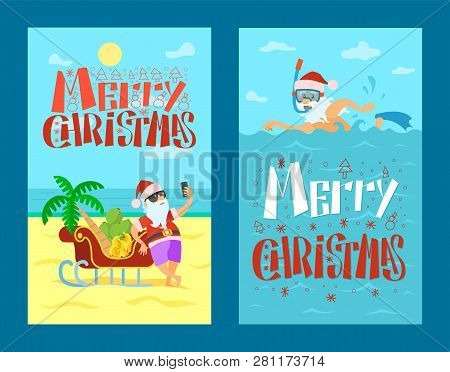 Merry Christmas, Santa Claus And Sleigh Full Of Bananas And Grapes, Palm Tree. Vector New Year Chara
