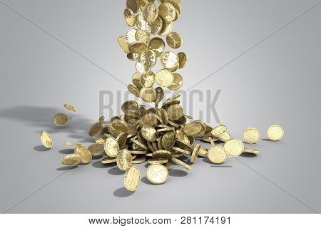 Gold Coins With Dollar Sign Fall On Graund 3d Illustration On A Grey Background