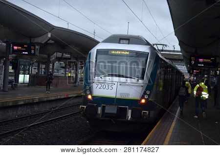 Platform and train view on Oslo central station. Oslo Central Station (Sentralstasjon) is main railway station in Oslo. June 14. 2018. Oslo,Norway