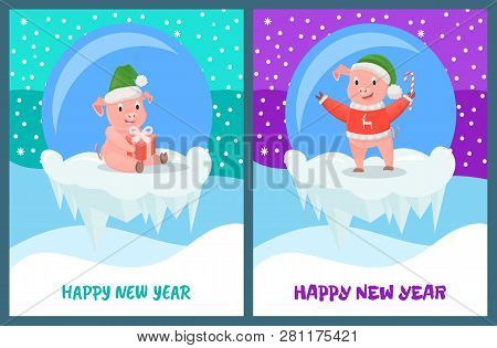 Happy New Year, Pig With Candy Stick, Smiling Animal Vector. Piglet Wearing Knitted Sweater With Rei