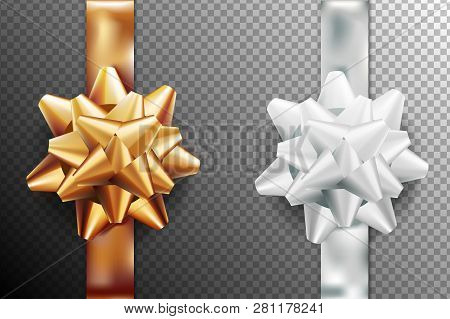 Golden, Silver White Gift Bow Set Vertical Ribbon. Isolated On Transparent Background. Vector Illust