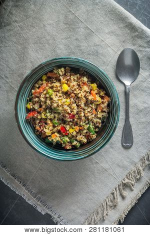 Quinoa Salad Bowl With Various Vegetables: Green Beans, Carrot, Corn, Bell Pepper, Peas. Top View, F