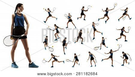 The Collage About Young Woman Playing Tennis Isolated On White Background. Healthy Lifestyle. The Pr