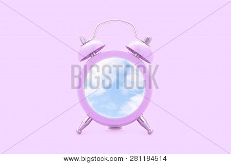 Pink Clock With Blue Sky On Pastel Pink Background. Happy Time, Time To Dream. Minimal Creative Conc