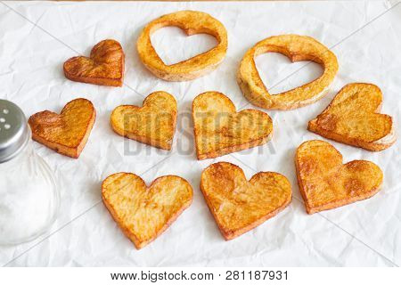 Preparing A Food For Valentines Day Abstract Love Concept Witch French Fries Chips Heart Shape