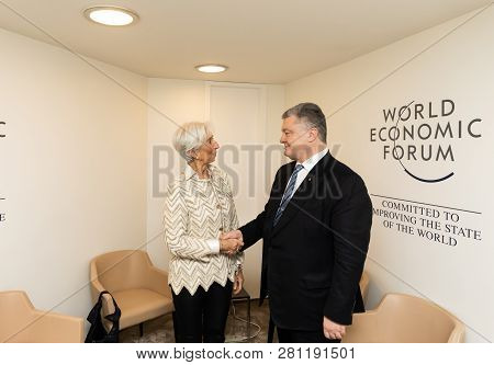 Davos, Switzerland - Jan 23, 2019:  President Of Ukraine Petro Poroshenko And The Director Of The In