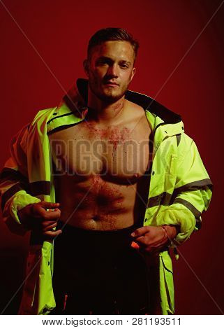 Man Of Any Job. Construction Worker Or Builder. Strong Man In Work Clothes. Hard Worker With Muscula