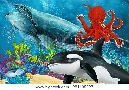 Cartoon Scene With Whale And Killer Whale And Octopus Near Coral Reef - Illustration For Children