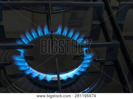 Gas, Fire In The Kitchen. Details Of The Gas Stove Close-up.