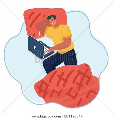 Vector Cartoon Illustration Of Man With Laptop In The Bed. Insomnia And Vacation Day.