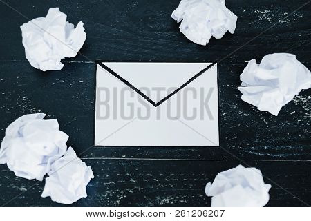 Concept Of Drafting Documents And Struggling To Write A Text, Set Of Scrunched Paper Balls And Email