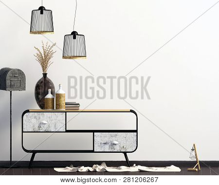 Iinterior Design In Country Style. Mock Up Wall. 3d Illustration.