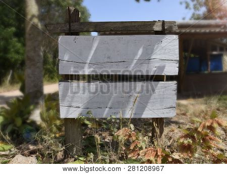 Two Wooden White Empty Sign Boards In The Nature With Space For Own Text