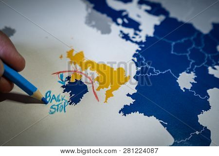 Hand Drawing A Red Line Between The Uk And Northern Ireland, Backstop And Brexit Concept.