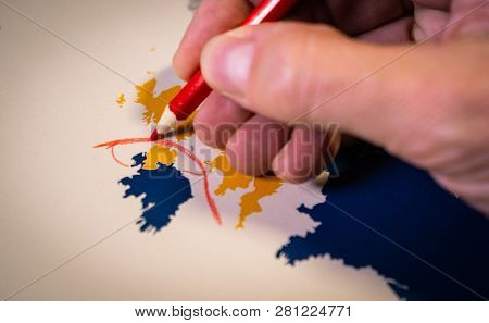 Hand Drawing A Red Line Between The Uk And Northern Ireland, Backstop And Brexit Concept.