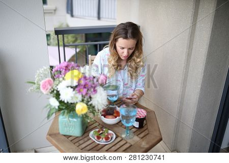 Beuatifulky Set Up Breakfst On Teh Balcony On Teh Nice Summer Day, Young Woman