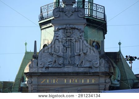 ZURICH, SWITZERLAND - JUNE 23, 2018: Relief on the Haus zur Trulle, Bahnhofstrasse in Zurich, Switzerland
