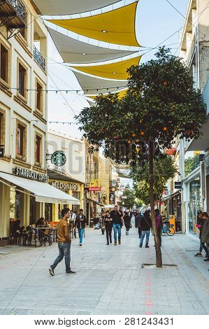 Nicosia, Cyprus - February 20, 2017: People Is Moving Through Ledra Street - The Main Shopping Avenu