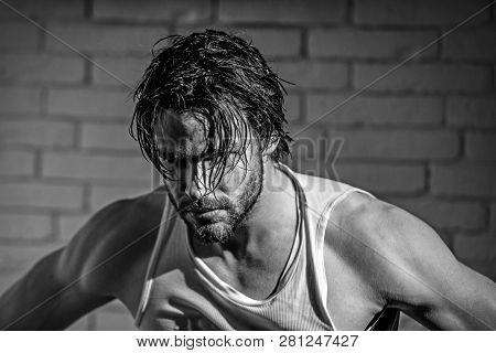 Bearded Man With Wet Long Hair In White Singlet. Macho With Muscular Shoulders, Arms. Masculinity, P