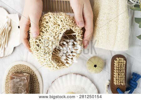 Zero Waste House Bathroom. Natural Materials, Wood, Bamboo, Cotton, Sea Salt, Luffa. Top View. With 