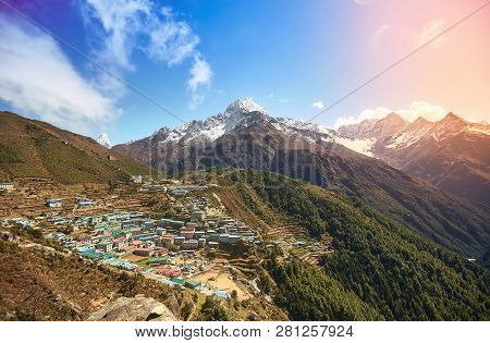 View Of Namche Bazar And Mount Thamserku With Sunshine - Way To Everest Base Camp, Khumbu Valley, Sa