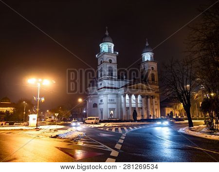 Night Scene Of Romano - Catholic Bishopric Church In Satu Mare, City Of Romania