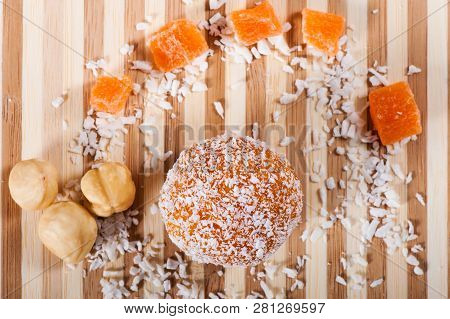 Candy Of Sweet Dried Apricots And  Nuts, Sweets From The East. Fitness Food.