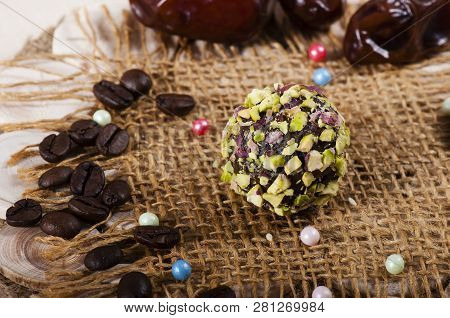 Candy Of Sweet Dates And Cashews, Sweets From The East. Fitness Food.