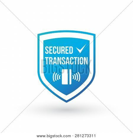 Blue Secure Transaction Shield With Card And Contactless Payment. Vector Illustration Isolated On Wh