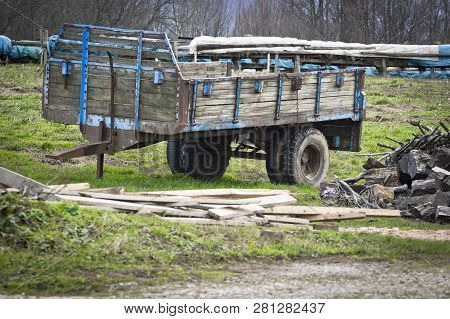 Photo Of Old Tractor Trailer. Horizontal Photo.