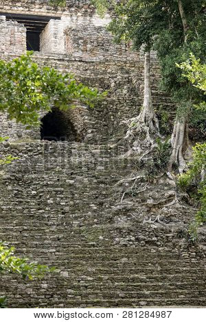 Detail of the ruins of the Mayan Temple of Dzibanche in Mexico.