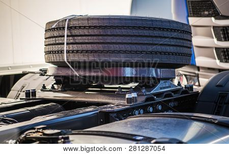 New Modern Semi Truck Spare Tire. Trucking And Transport Industry.