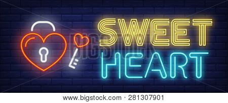 Sweet Heart Neon Text With Heart Shaped Padlock And Key. Saint Valentines Day Design. Night Bright N