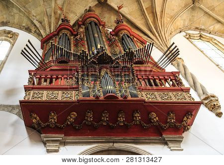 Coimbra, Portugal - July 18, 2018:  Detailed View Of The Baroque Pipe Organ Of The 18th Century, Dec