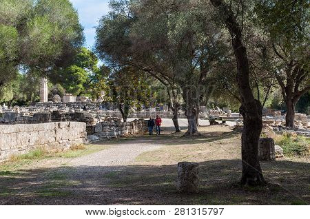 Olympia, Greece - October 31, 2017: Tourists Visiting The Ancient Olympia, Peloponnese, Greece. In A